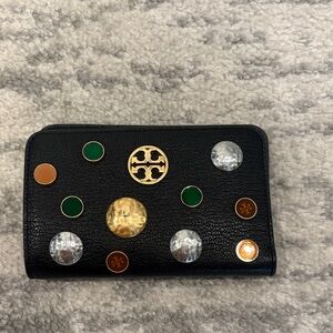 Tory Burch Black Wallet with Gold, Silver, and Green Accents